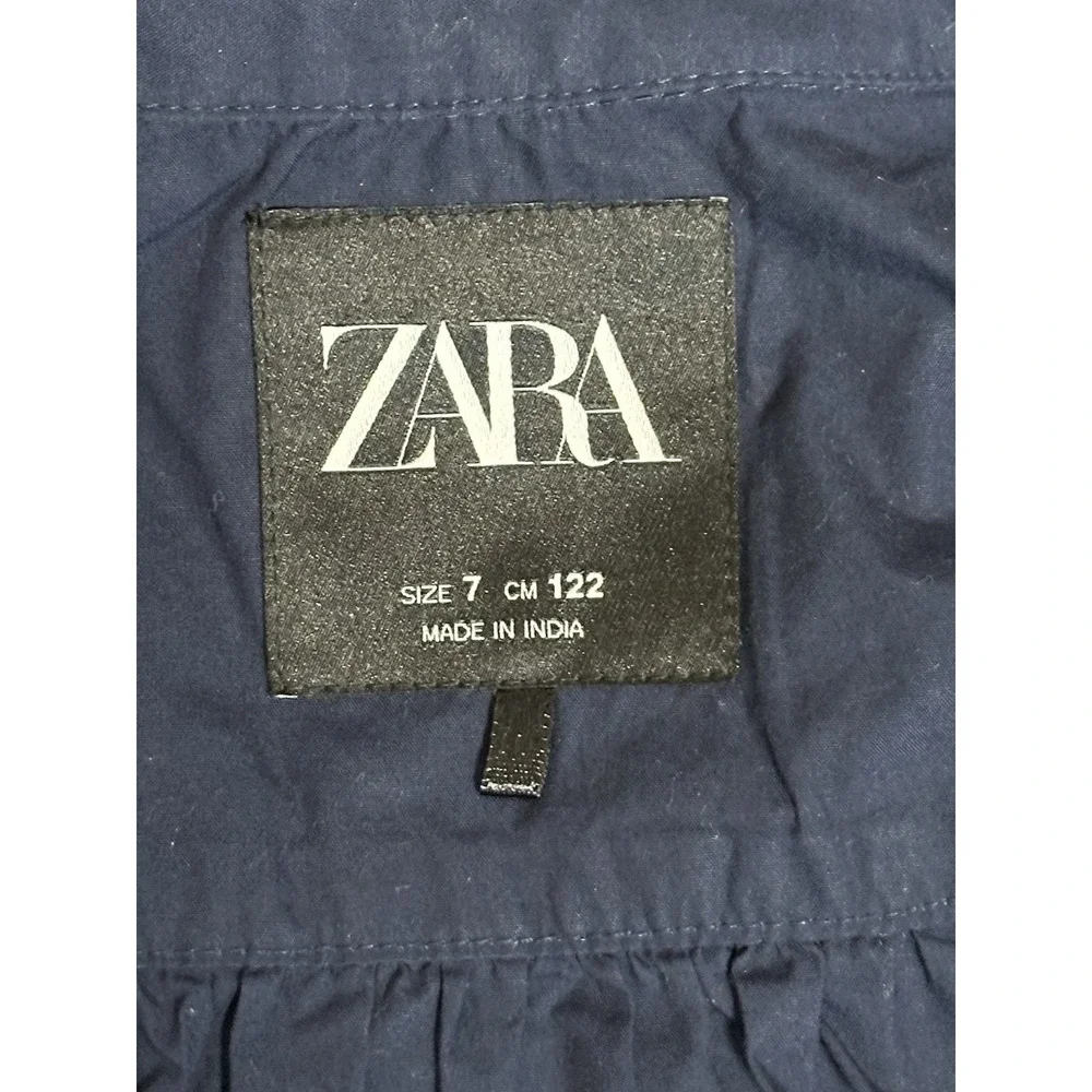 Zara Girls Embroidered Top Long Sleeve Elastic Wrists Button Up Size 7 Navy Blue
